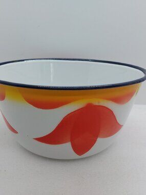 Vintage Enamel Mixing Bowl White With Orange & Reddish Design Blue Trim